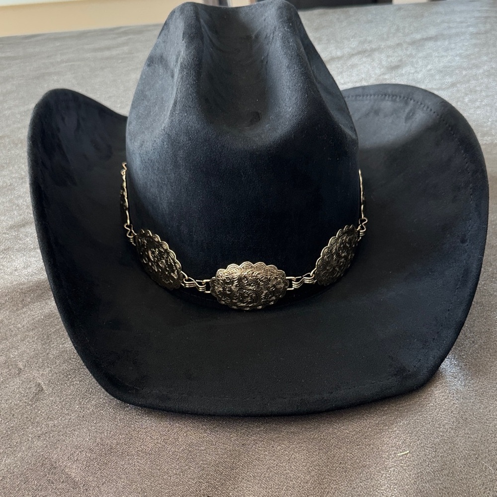 Black Suede Western Cowboy Hat w/ Gold Accents. Coachella, Concert, Rodeo